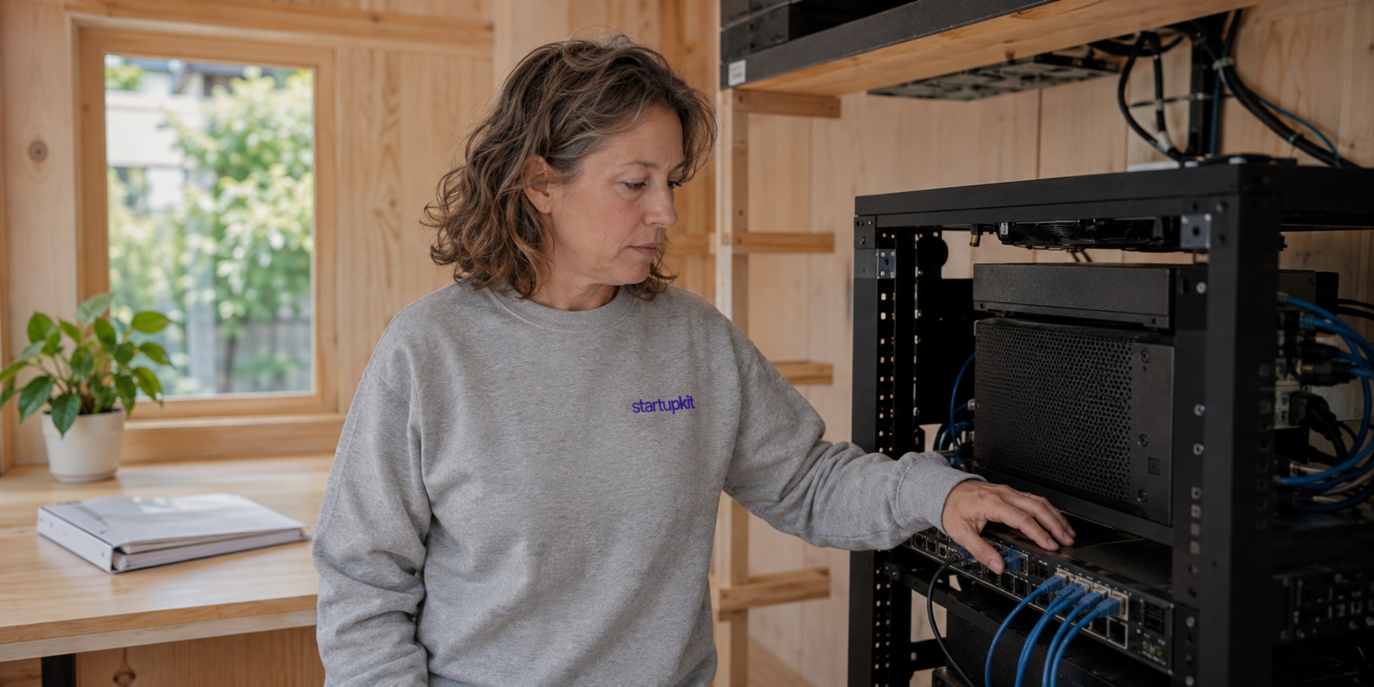 A solo white woman operations lead in her 50s wearing startupkit apparel inspects a compact server rack in a sunny backyard ADU workspace, with no screen visible