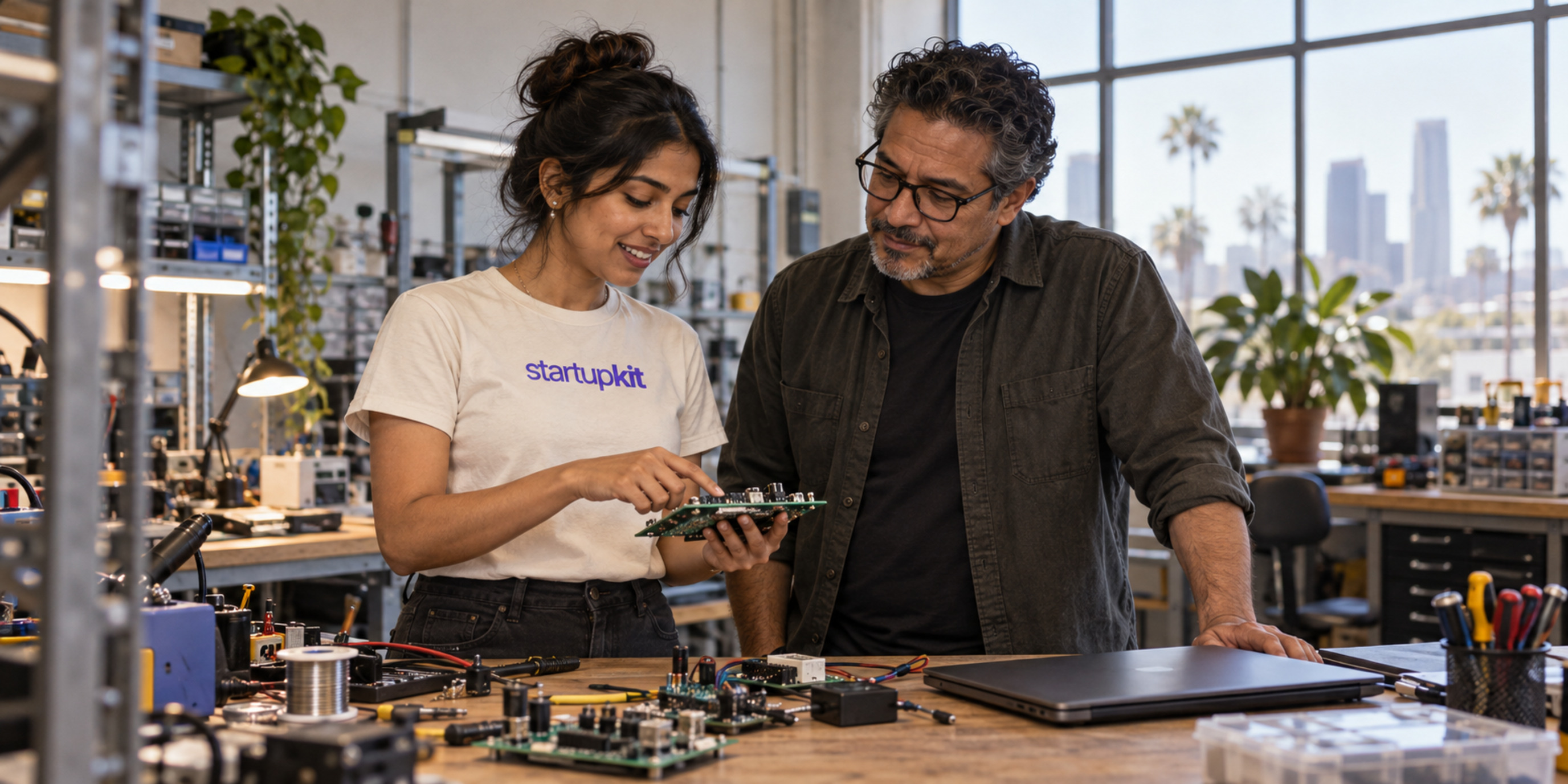 Two engineers examining a circuit board at a workbench with a closed laptop