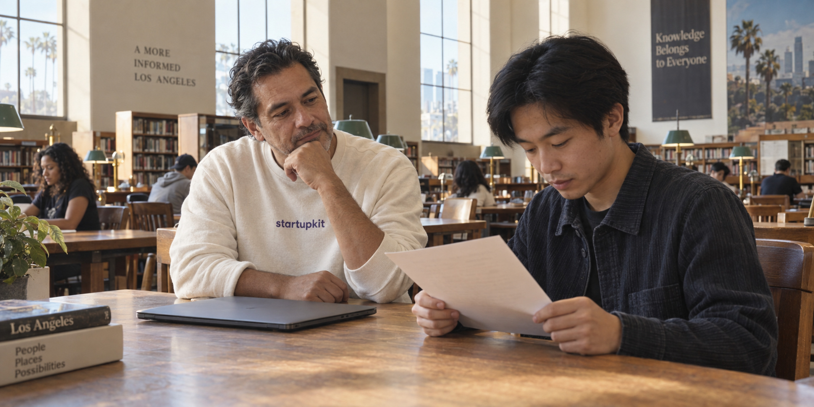 An older Latino hiring lead watches a younger East Asian engineer read a paper assignment brief at a Los Angeles public library, beside a closed laptop.