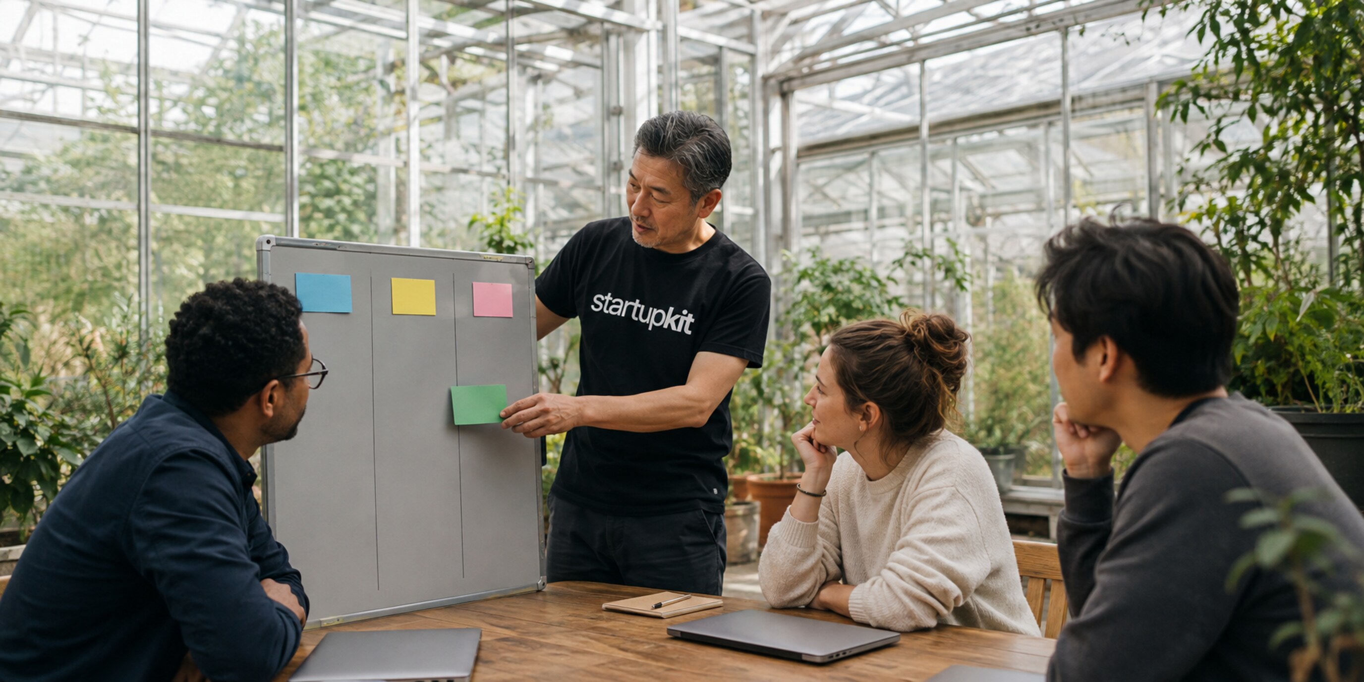 Startup founder moving role cards among three hiring columns on a planning board during a bright greenhouse work retreat