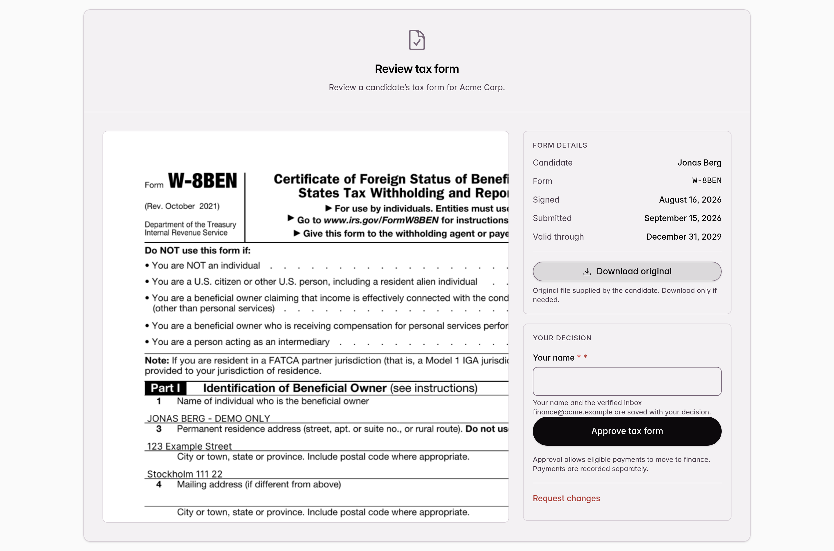 Finance reviewer viewing the protected W-8BEN preview and choosing whether to approve it or request changes