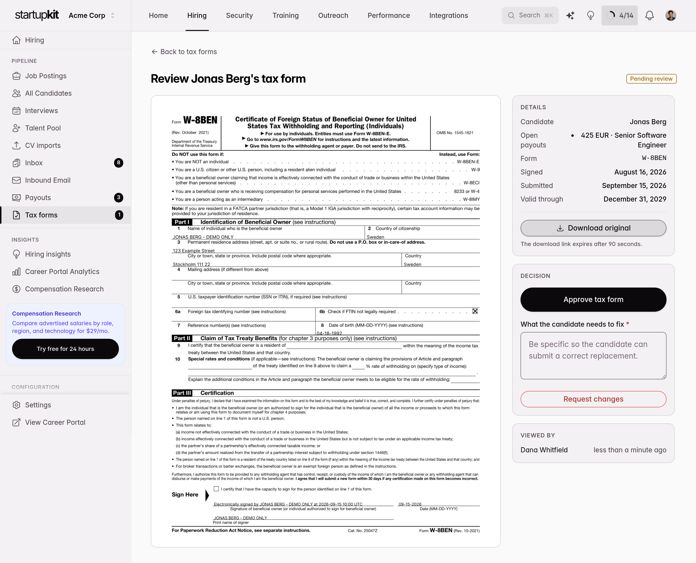 Account admin reviewing a fictional W-8BEN beside the approval and rejection controls