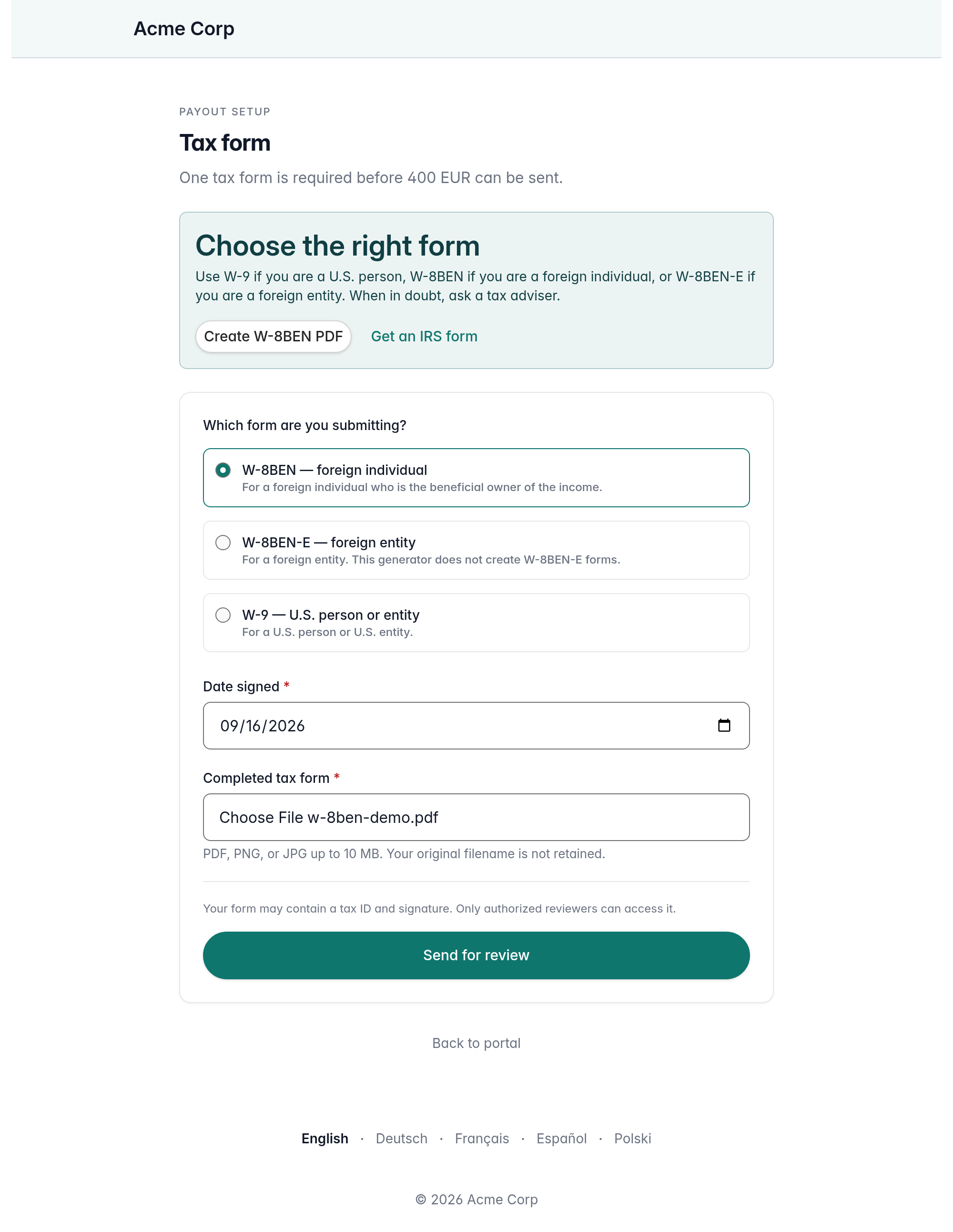 Candidate tax-form submission with W-8BEN selected and a completed PDF ready to send for review