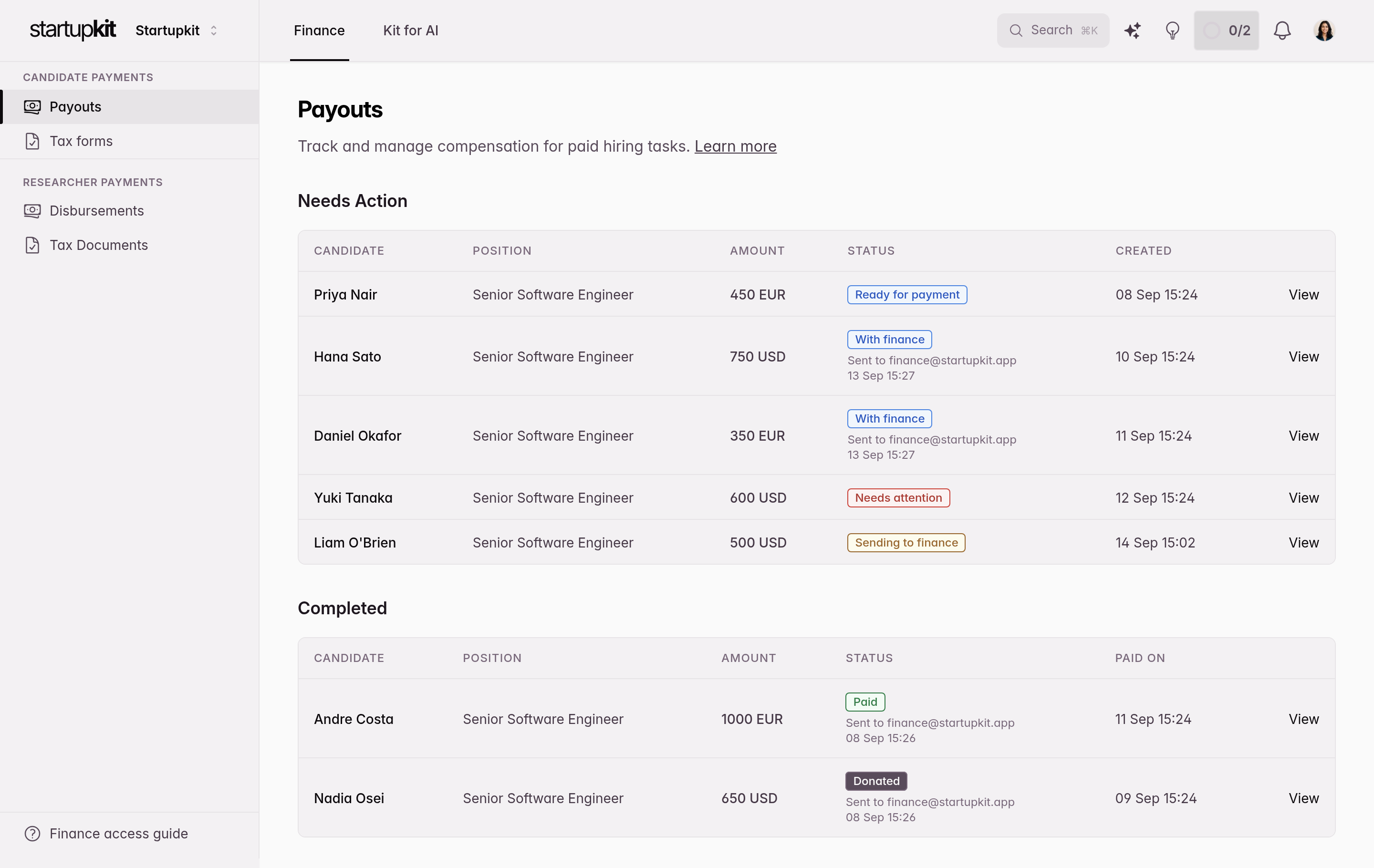 Finance workspace showing candidate payouts that need action and completed payouts