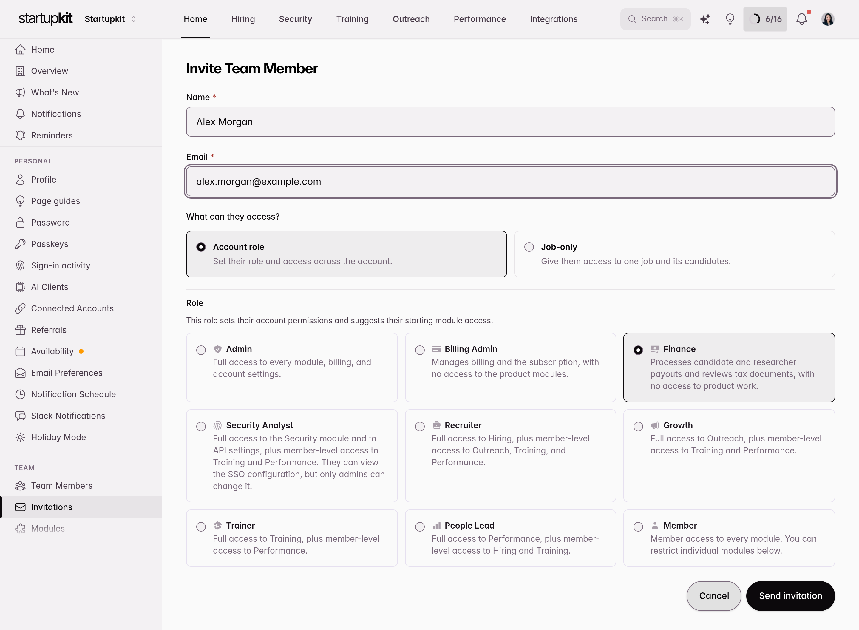 Finance selected while inviting a team member