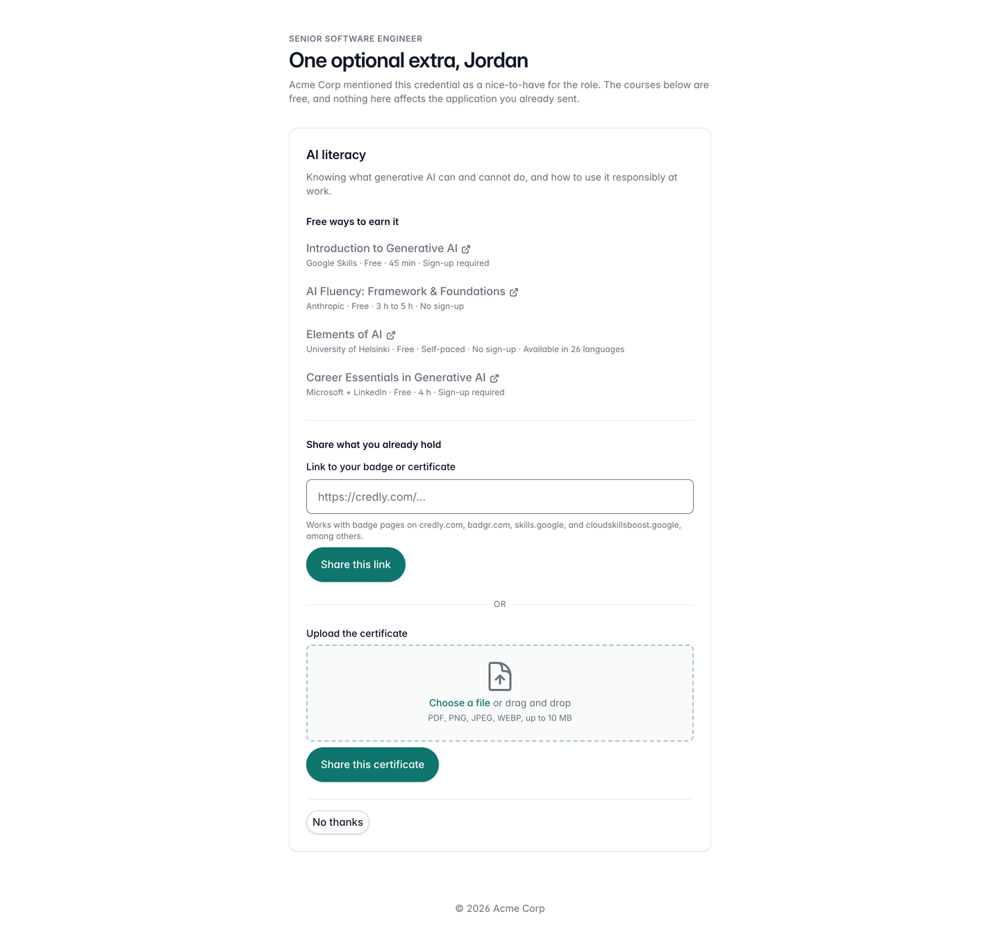 The page a candidate opens: the recommended credential and its free courses, a field for a badge link, an area for uploading the certificate, and a way to decline.